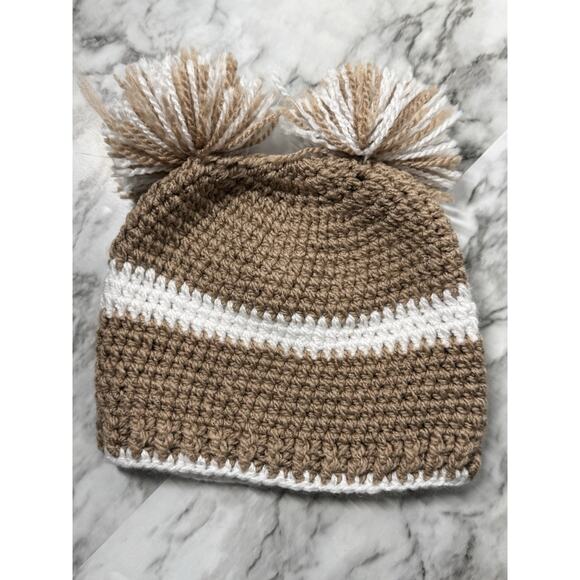 Baby Toddler Knitted Hat Beanie with Knit Double Pom Pom Tan White Unisex 6-18 m - Picture 1 of 3